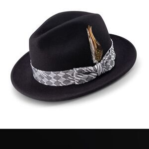 MEN'S MONTIQUE BLACK WOOL FELT HAT WITH ABSTRACT CHECKERED HAT BAND. H2357.